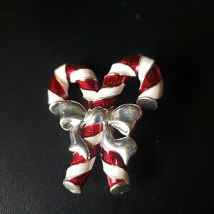 Candy Cane Christmas Brooch Red White Enamel Silver Bow 2 inch